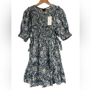 Sofie The Label Smocked Cottagecore Blue Floral Tie Cotton Mini Dress Sz Small